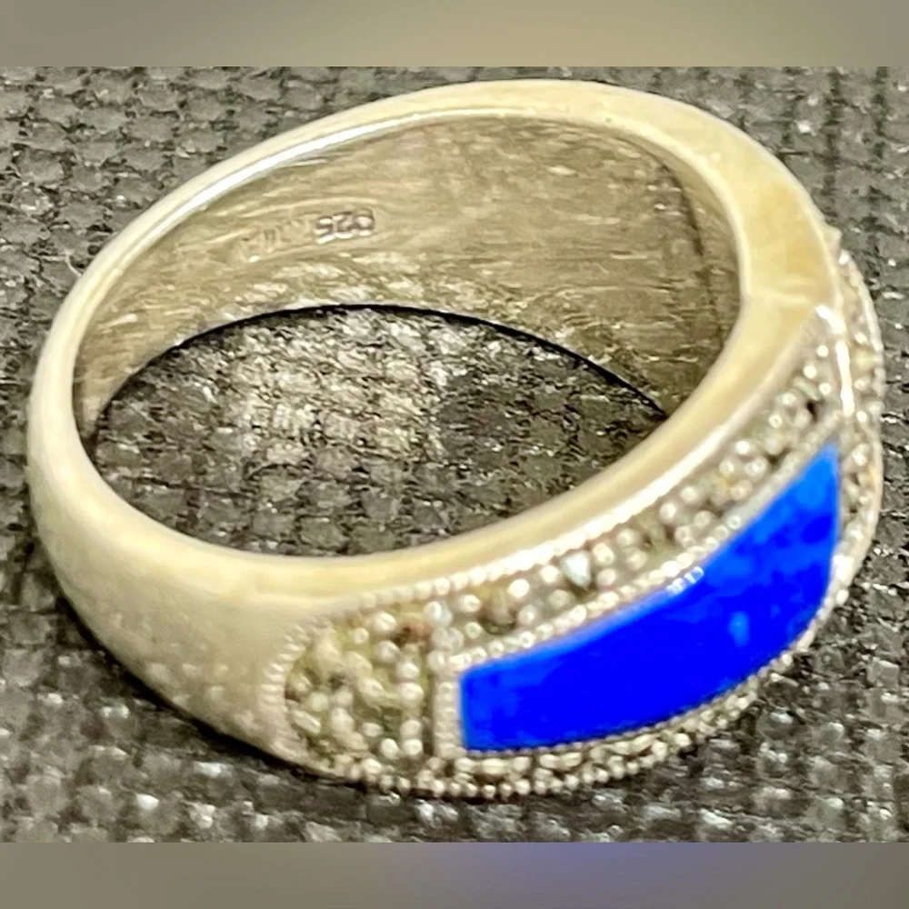 Rare Real Lapis Lazuli 925 Sterling Marcasite Heavy Weight Band Ring 8